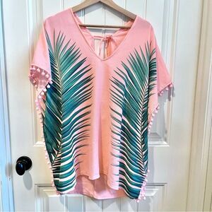 Swimsuit coverup dress pink green palm leaf size small Pom poms v neck loose fit